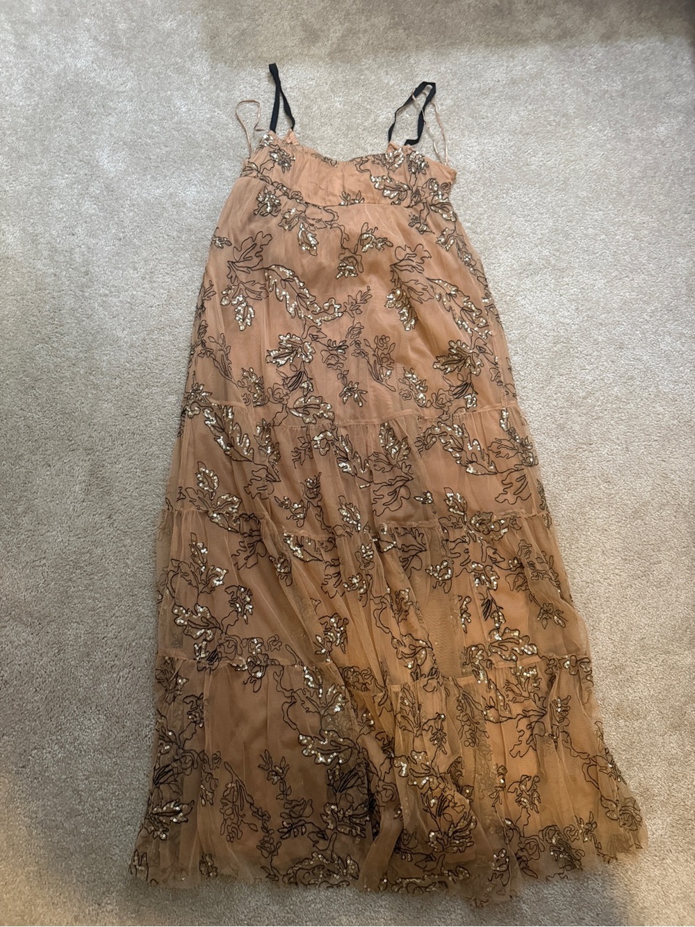Anthropologie Sequin embroidered mesh Embellished Strap Maxi Dress Brown Medium - Picture 4 of 11